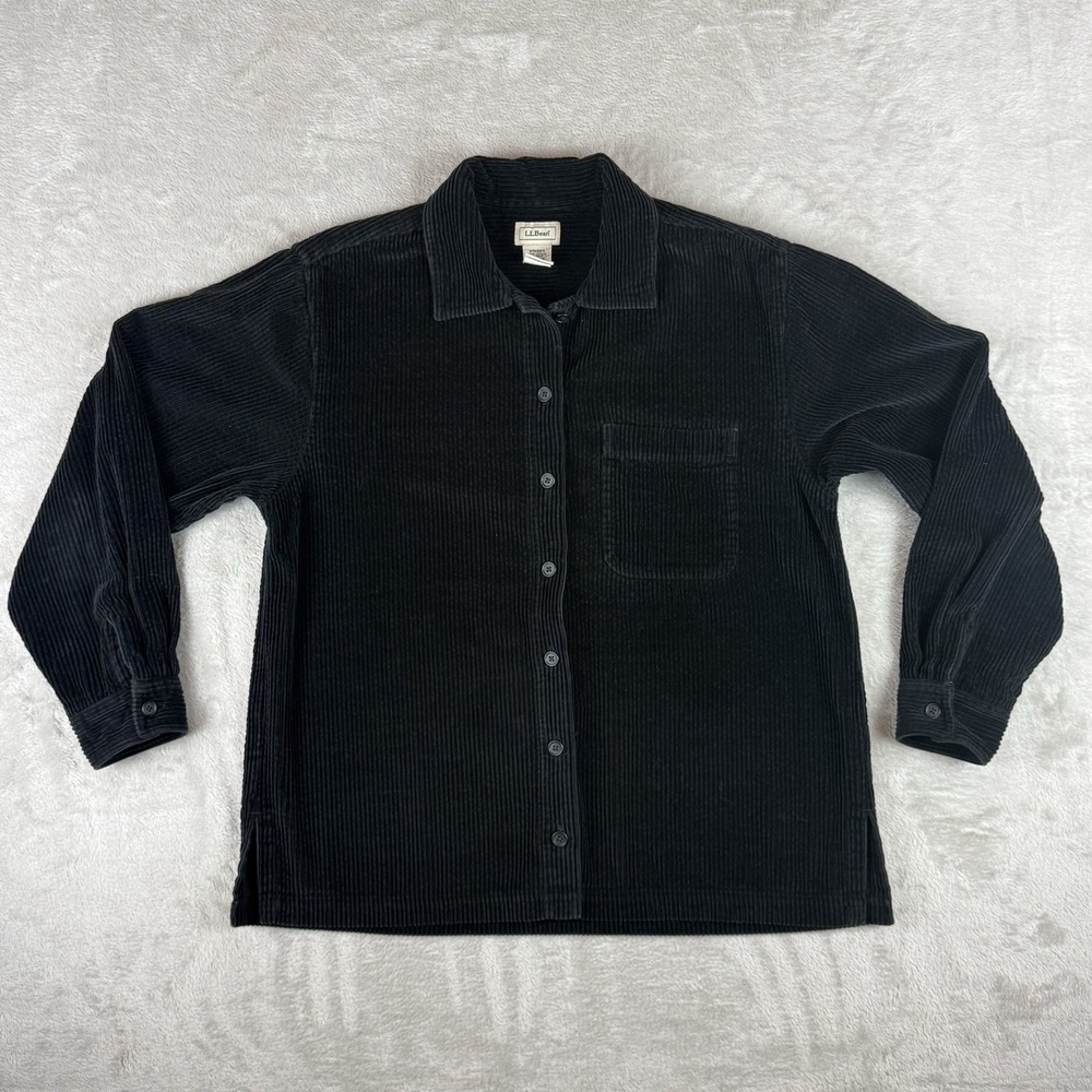 LL Bean Corduroy Overshirt Womens S Petite Black Wide Wale Vtg Shacket 0WJ29